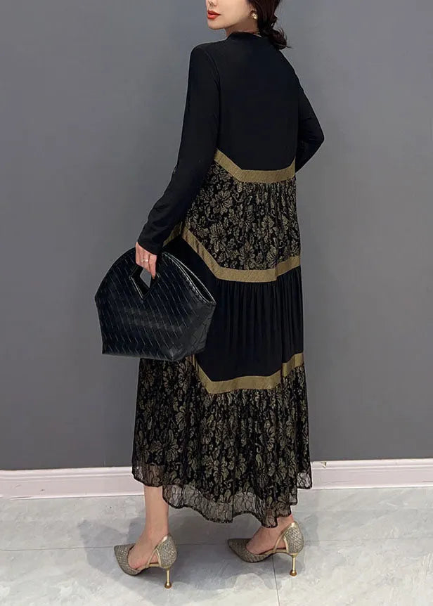 Black V Neck Tulle Patchwork Wrinkled Long Dress Spring