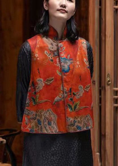 Original Design Red Stand Collar Embroideried Silk Chinese Style Vest Sleeveless