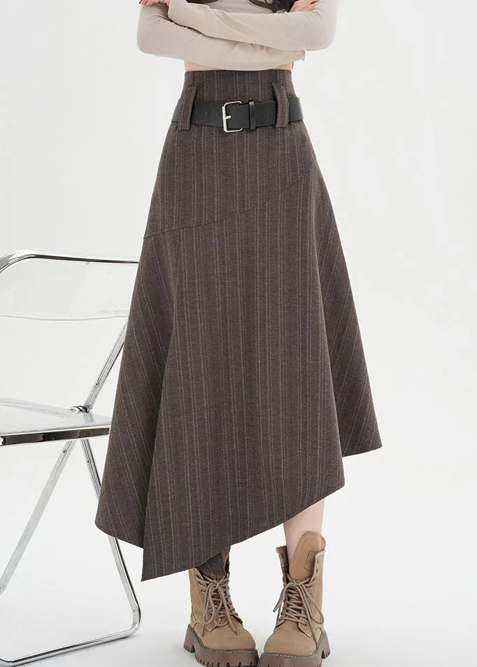 Coffee Striped Side Open High Waist Spandex Skirts Asymmetrical