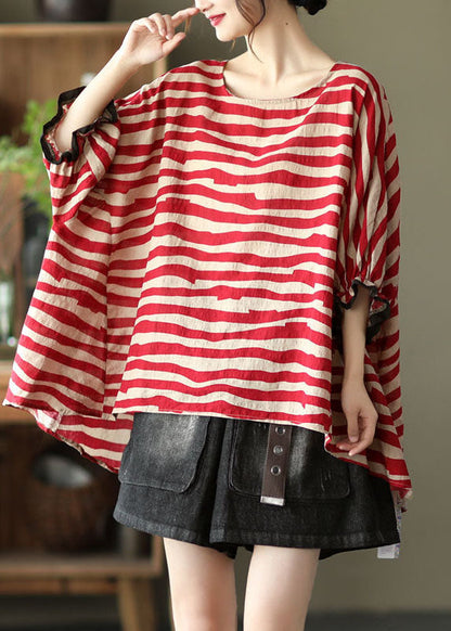 Red Asymmetrical Striped Cotton Pullover Spring