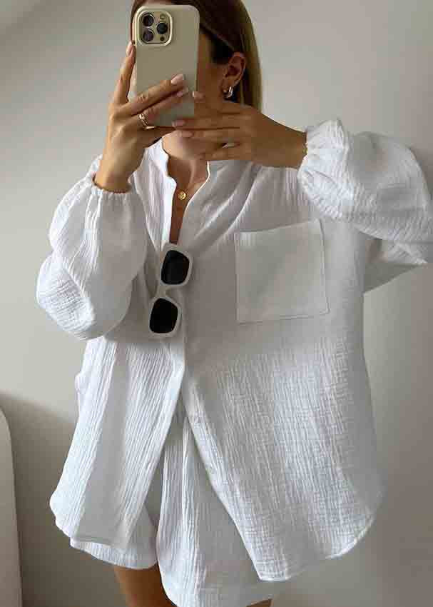Blue Oversized Cotton Two Piece Suit Set Lantern Sleeve