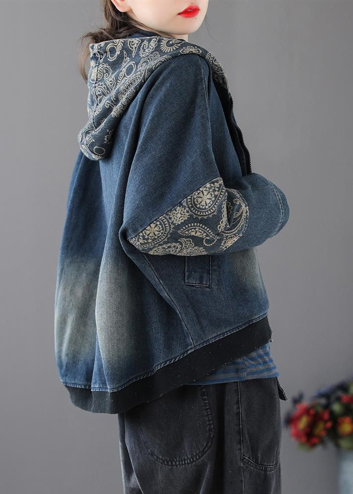 Blue V Neck Print Patchwork Zippered Cotton Denim Coat Long Sleeve