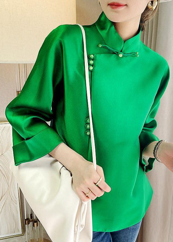 Chinese Style Green Button Stand Collar Silk Top Long Sleeve
