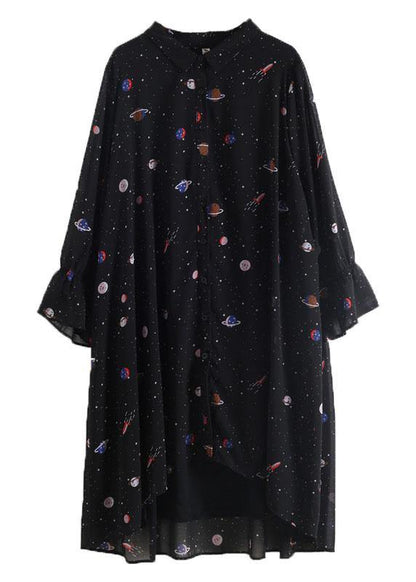 Spring Summer Black Chiffon Flared Sleeve Dress