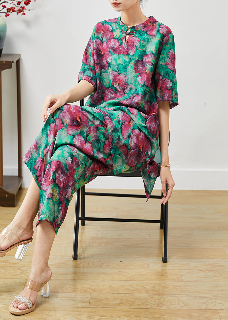 Green Print Linen Two Pieces Set Chinese Button Summer