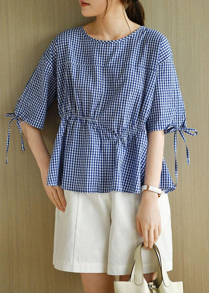 French Blue Plaid Patchwork Drawstring Summer Cotton Half Sleeve Blouse Top