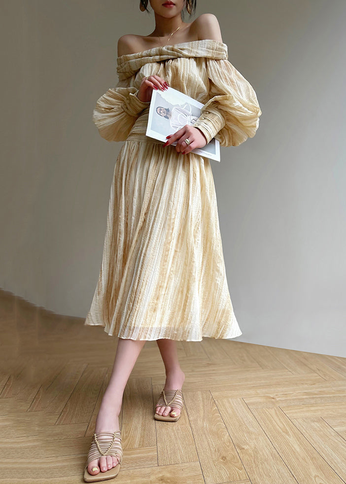 Art Beige Slash Neck Front Open Shirts and Skirts 2 Piece Outfit Lantern Sleeve