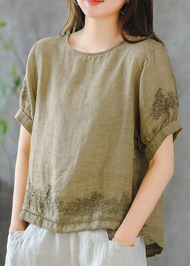 Grass Green O-neck Embroideried Ruffled Linen Tops Short Sleeve