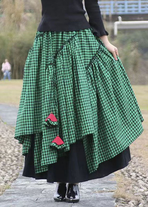 Green Asymmetrical Plaid Patchwork Tie Waist Long Skirts Fall