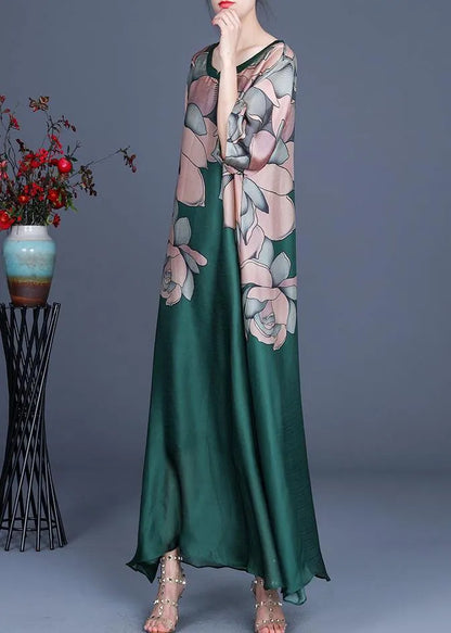 French Green Print Three Quarter Sleeve Silk Summer Dress Two Pieces Set