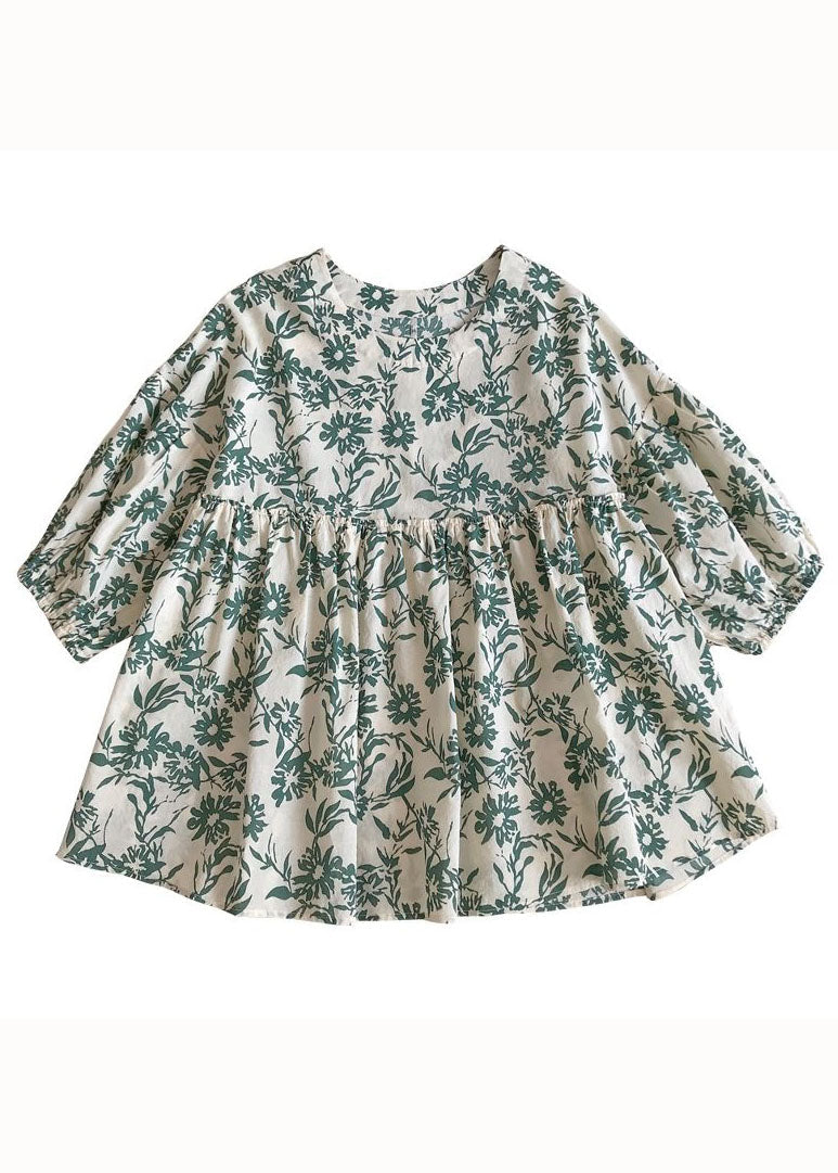 Green O Neck Print Wrinkled Cotton Blouse Tops Summer
