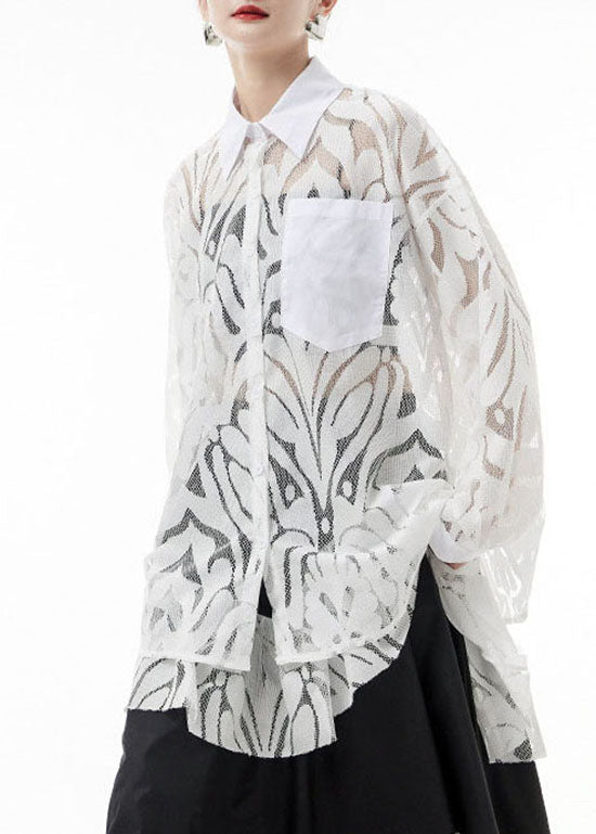White Lace Shirts Hollow Out Asymmetrical Design Spring