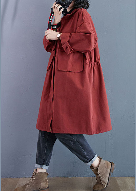 Red Stand Collar Zippered Pockets Fall Long Sleeve Trench Coats