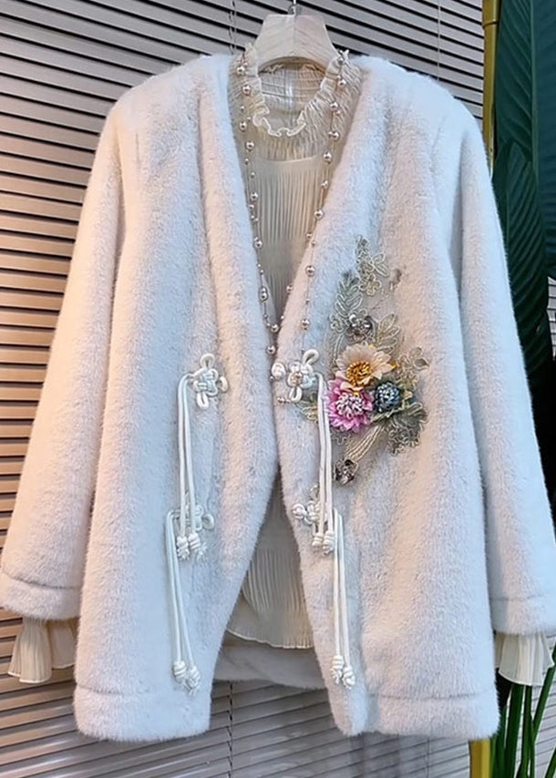 Stylish White V Neck Tasseled Decorated Faux Fur Jacket Winter
