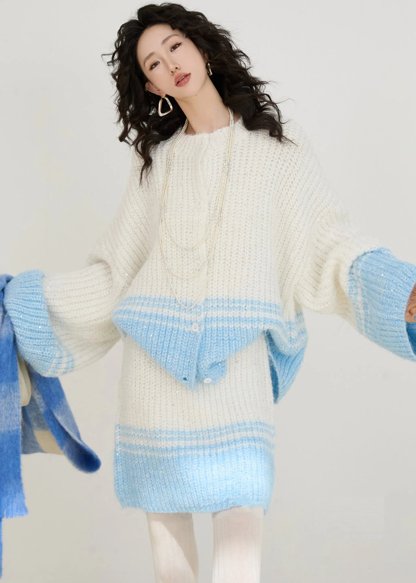 Blue Sequins Patchwork Knit Two Pieces Set Winter