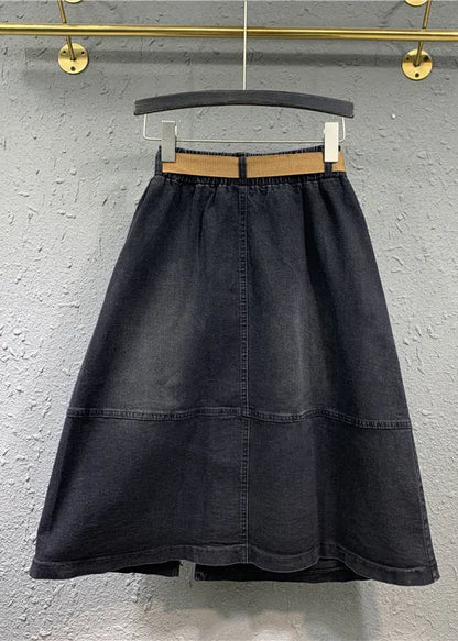 Modern Black Pockets Elastic Waist Patchwork Denim Skirts Fall