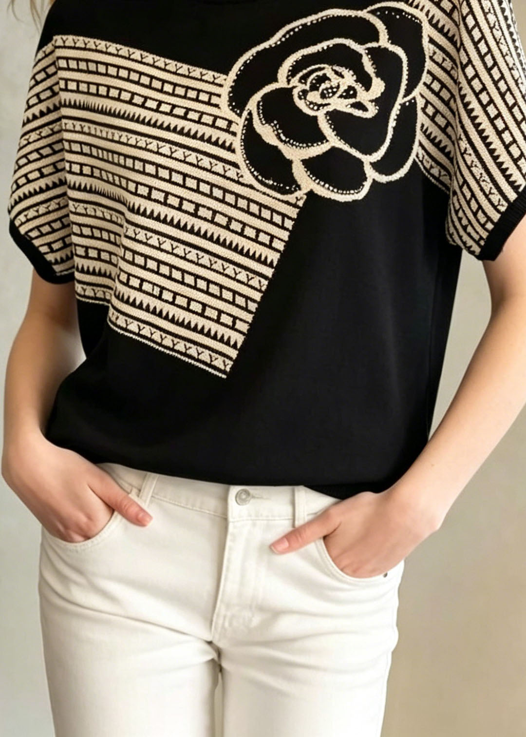 Loose Black O Neck Zircon Knit Top Summer