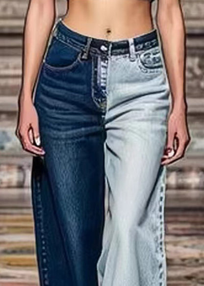 Colorblock Asymmetrical Pockets High Waist Denim Crop Pants Summer