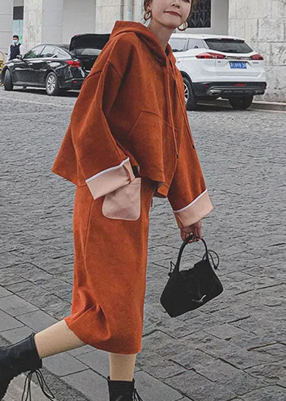 Orange Drawstring Patchwork Pullover and Crop Pants Two Pieces Set Long Sleeve