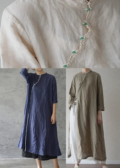 Chinese Style Green Tie Waist Linen Long Dresses Long Sleeve