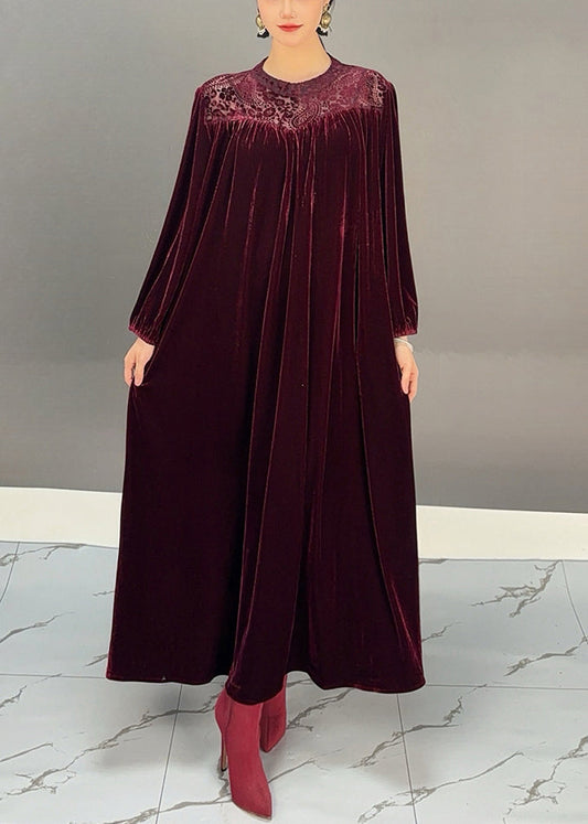 Loose Purple Red O Neck Silk Velour Maxi Dress Fall