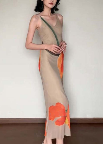 Slim Fit V Neck Print Cotton Long Dress Sleeveless Summer
