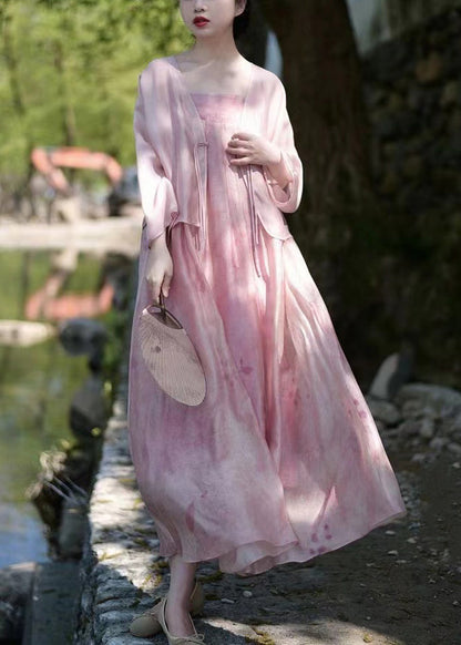 Pink Button Print Linen Silk Two Pieces Set Spring