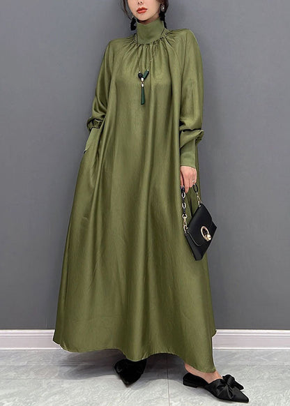 Modern Army Green High Neck Oversized Color Silk Dress Fall