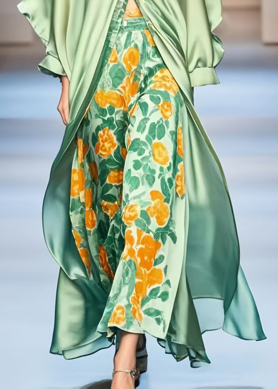 Original Design Green Print Silk Long Dress Batwing Sleeve Spring