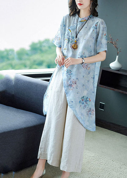 Light Blue Mandarin Collar Asymmetrical Design Print Linen Tops and Pants 2 Piece Outfit Summer
