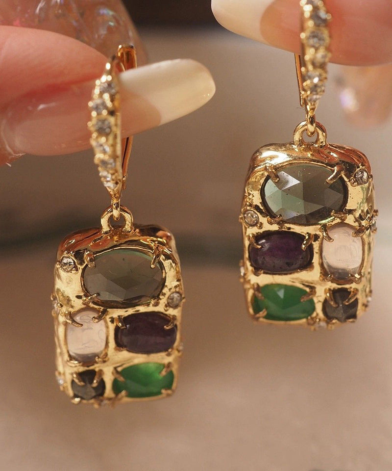 Gold Copper Overgild Gem Stone Tassel Drop Earrings