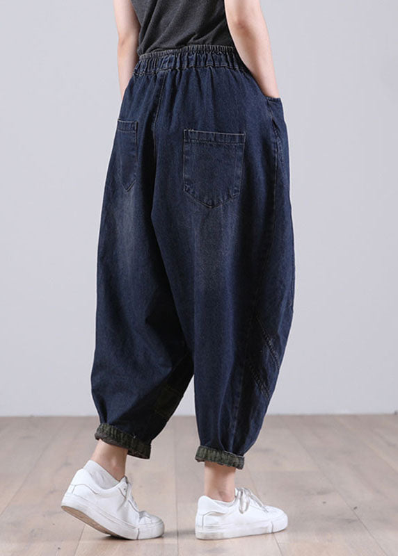 Blue Elastic Waist Pockets Harem Denim Fall Patchwork Pants