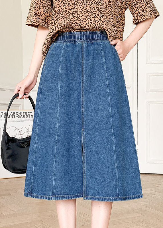 Boutique Denim Blue Elastic Waist Side Open Cotton a Line Skirt Summer