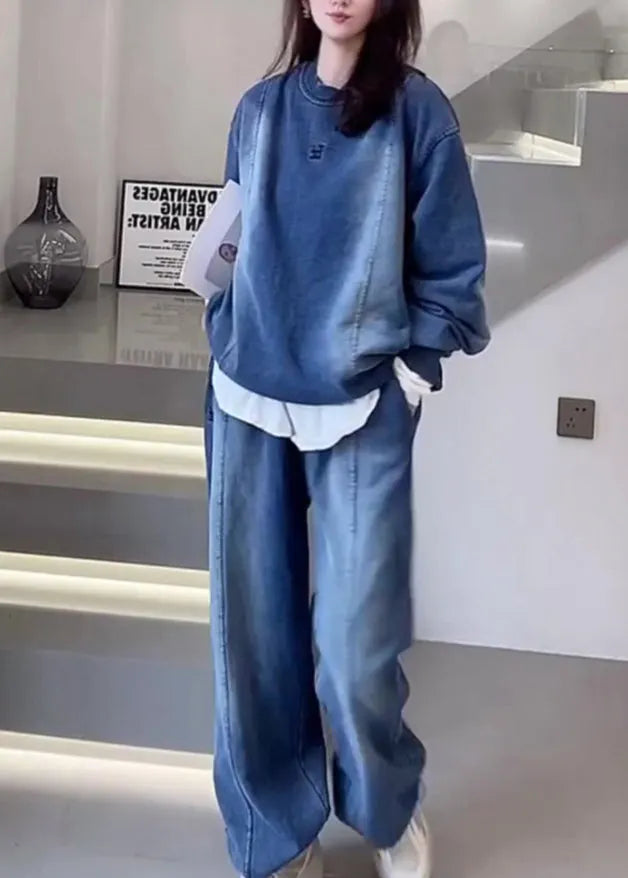 Blue O Neck Tops and Pants Denim Two Piece Set Outfits Fall