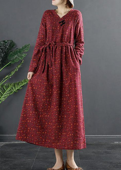 V Neck Quilting Dresses Shape Red Print Long Dress