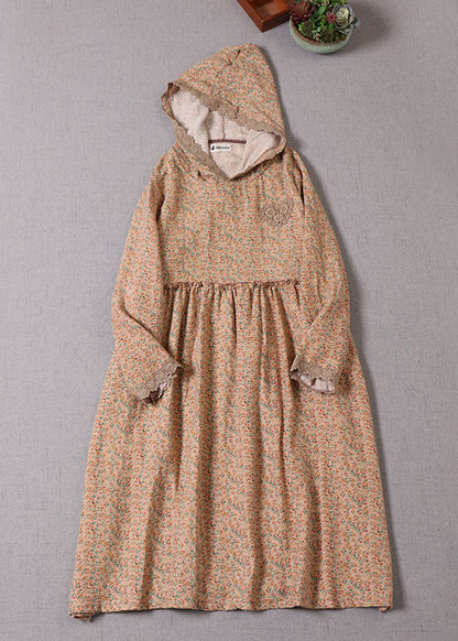 Khaki Hooded Print Cotton Holiday Dress Spring