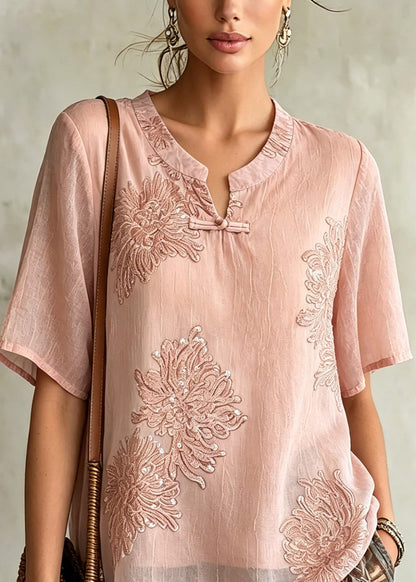 Pink O-neck Patchwork Chiffon Shirt Summer