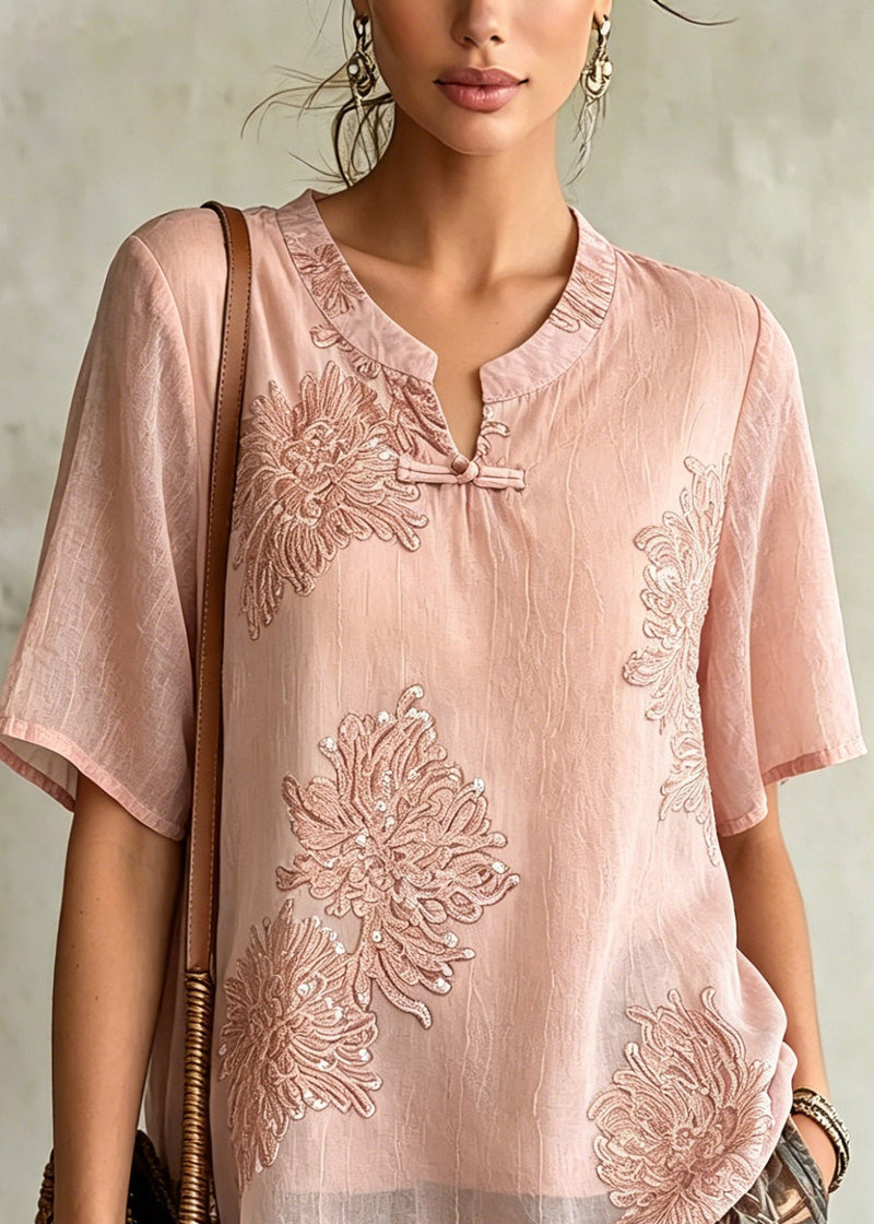 Pink O-neck Patchwork Chiffon Shirt Summer