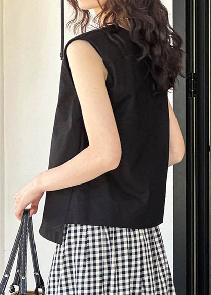 Black Cozy Linen Tops O Neck Summer