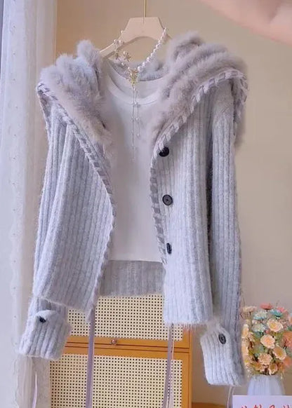 Grey Fox Collar Button Patchwork Knit Coats Winter