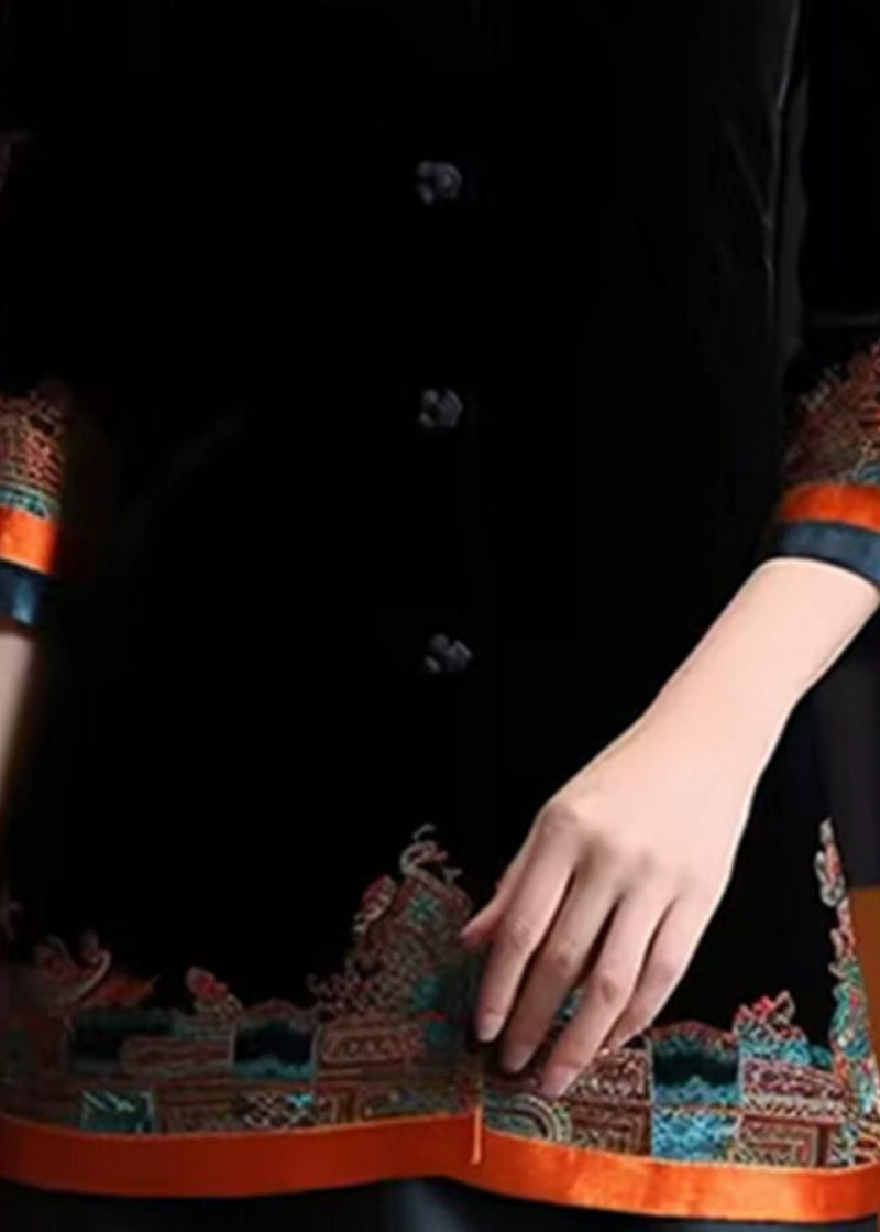 Black Stand Collar Embroideried Button Silk Velour Coats Fall
