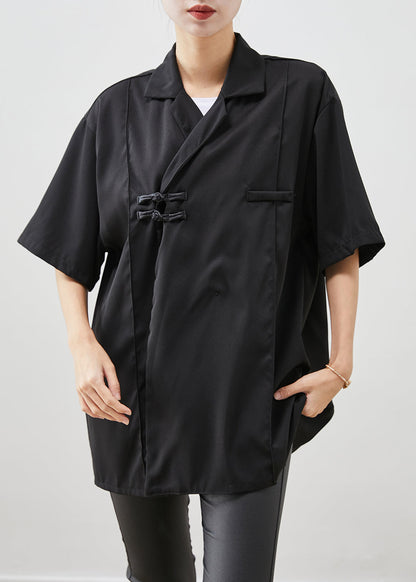 Black Oversized Chinese Button Cotton Shirt Short Sleeve