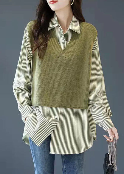 Green Button Peter Pan Collar Knit Patchwork Striped Fake Two Piece Shirt Long Sleeve