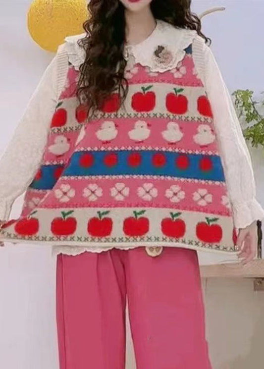 Pink Embroideried Patchwork Cozy Cotton Knit Waistcoat Sleeveless