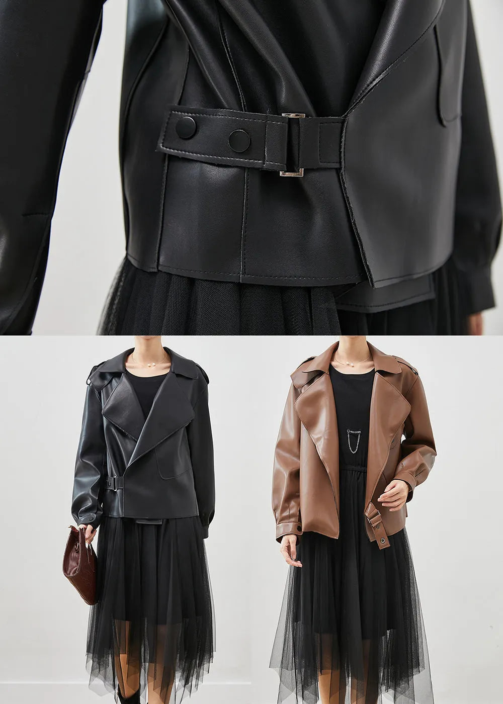 Khaki Faux Leather Coats and Tull Dress Two Piece Suit Set Oversized Spring