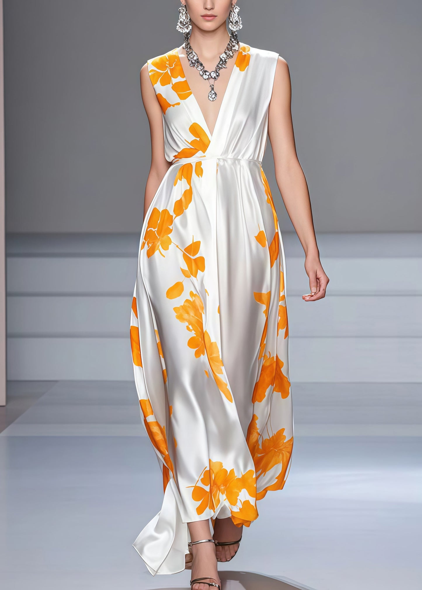 Classy White V Neck Print Silk Long Dress Sleeveless