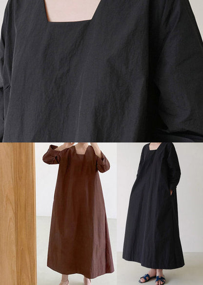 Black Square Collar Cozy Linen Maxi Dress Long Sleeve