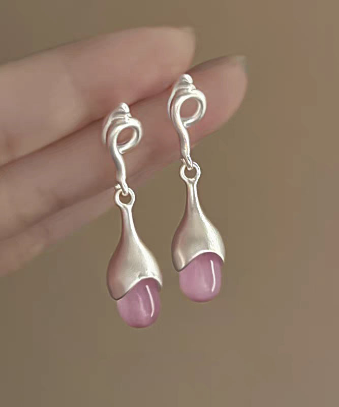 Pink Sterling Silver Cat Eye Stone Tassel Drop Earrings