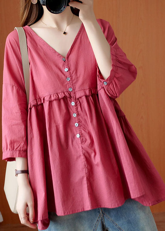 Rose V Neck Button Asymmetrical Design Ruffled Fall Shirt Half Sleeve