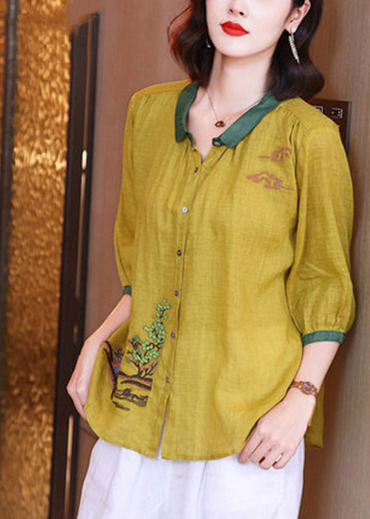 Unique Yellow Peter Pan Collar Embroiderie Button Linen Top Long Sleeve